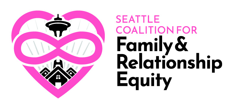Logo image for Seattle Coalition for Family & Relationship Equity. A heart around houses, the space needle, and infinity sign.