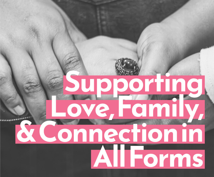 Photo of three peoples' hands holding each other with words overlayed: Supporting Love, Family, & Connection in All Forms